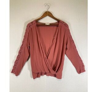Boho Skylar + Jade Women XL Dusty Rose Crochet Lace Trim Wrap Top‎ TW1620-ACY